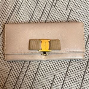 Salvatore Ferragamo Taupe Leather Wallet with Gold Accent